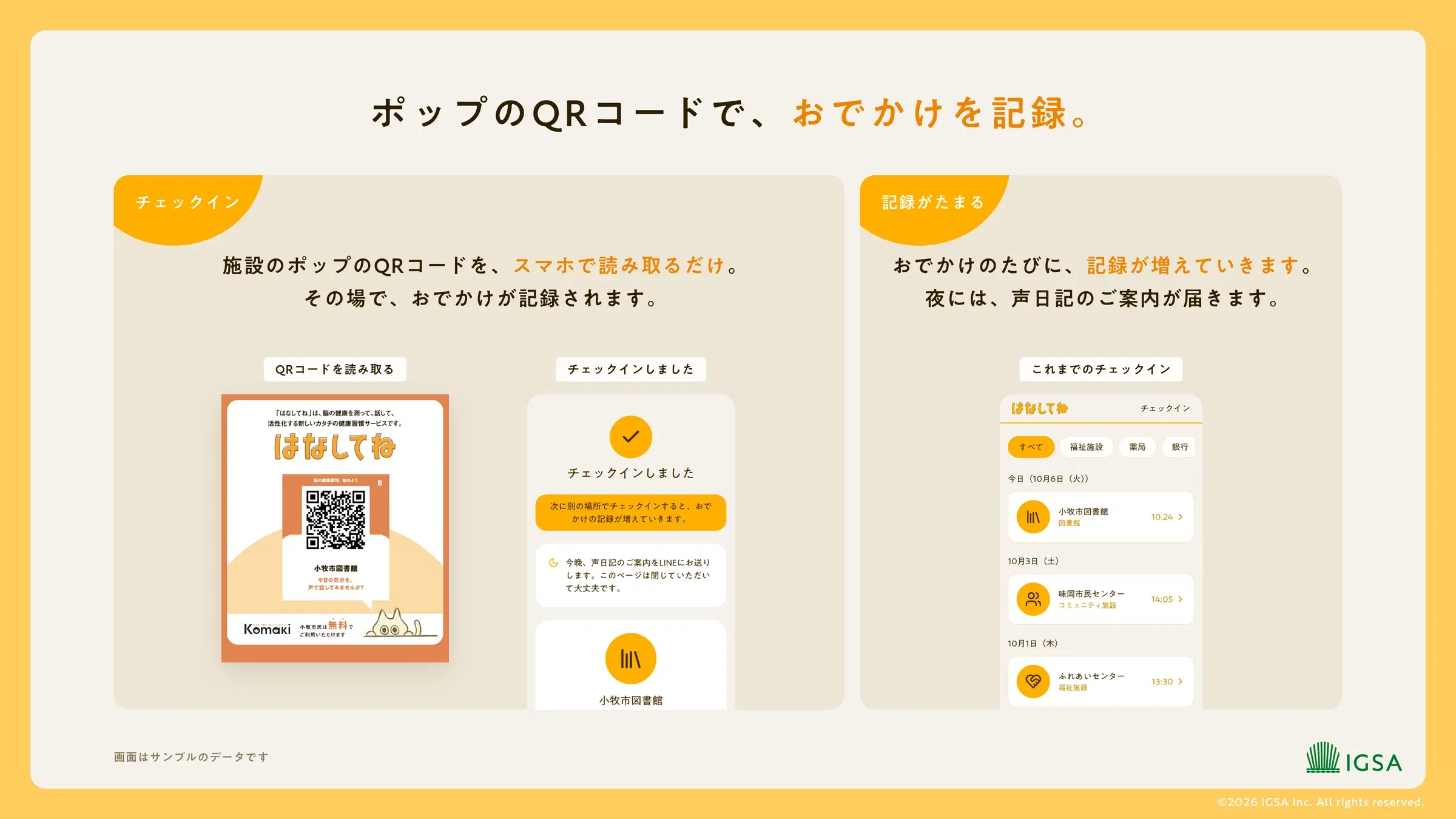 QRチェックインの仕方と、記録がたまる様子